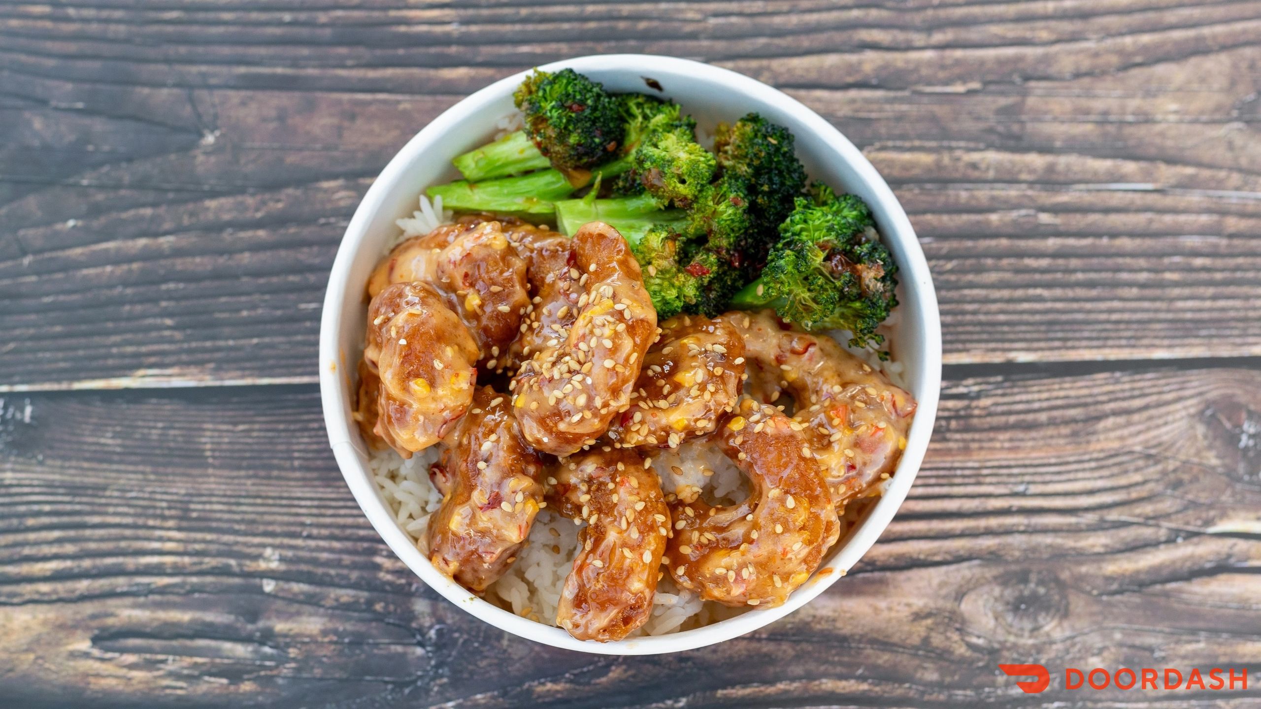 Dynamite shrimp bowl with bang bang sauce, broccoli and rice at DrunkenWok